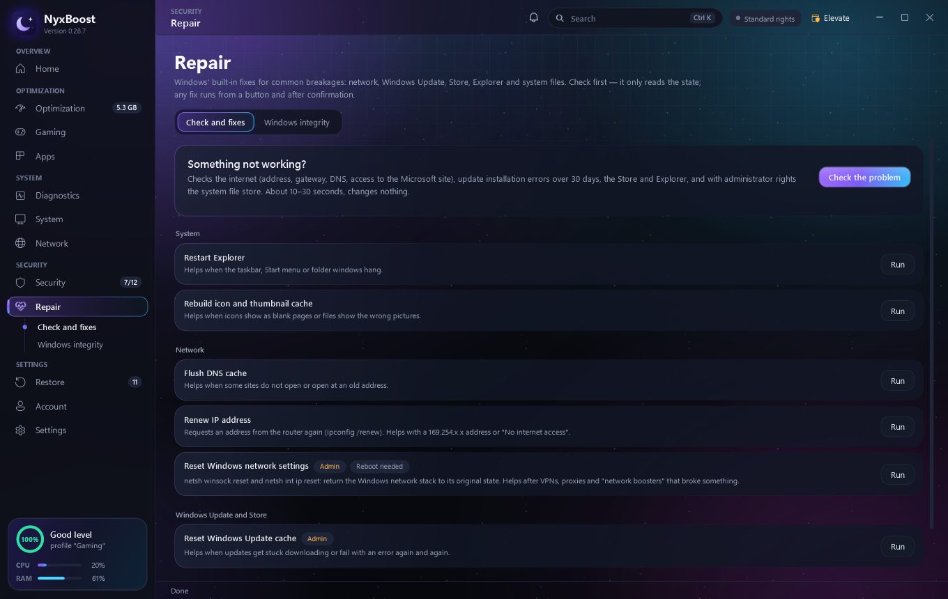 After: Repair: before, only the item in the menu; now its tabs are listed under it, the open one lit.