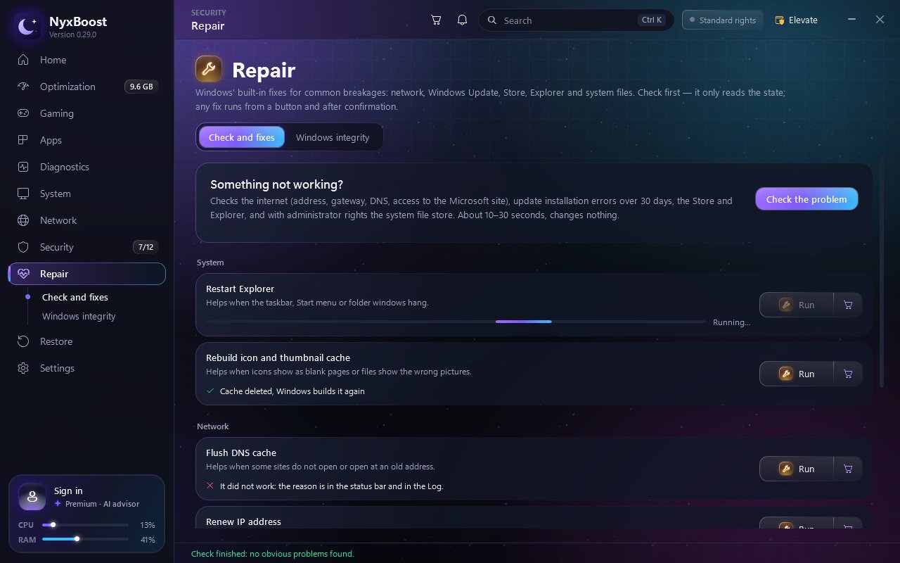 Repair: the progress and the result right in the row — running, done or failed (demo values).