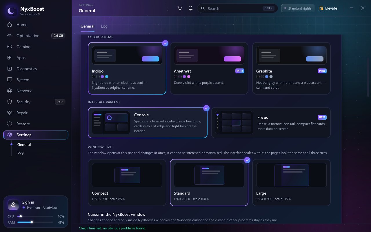 Settings → Window size: compact, standard and large; the window changes at once.