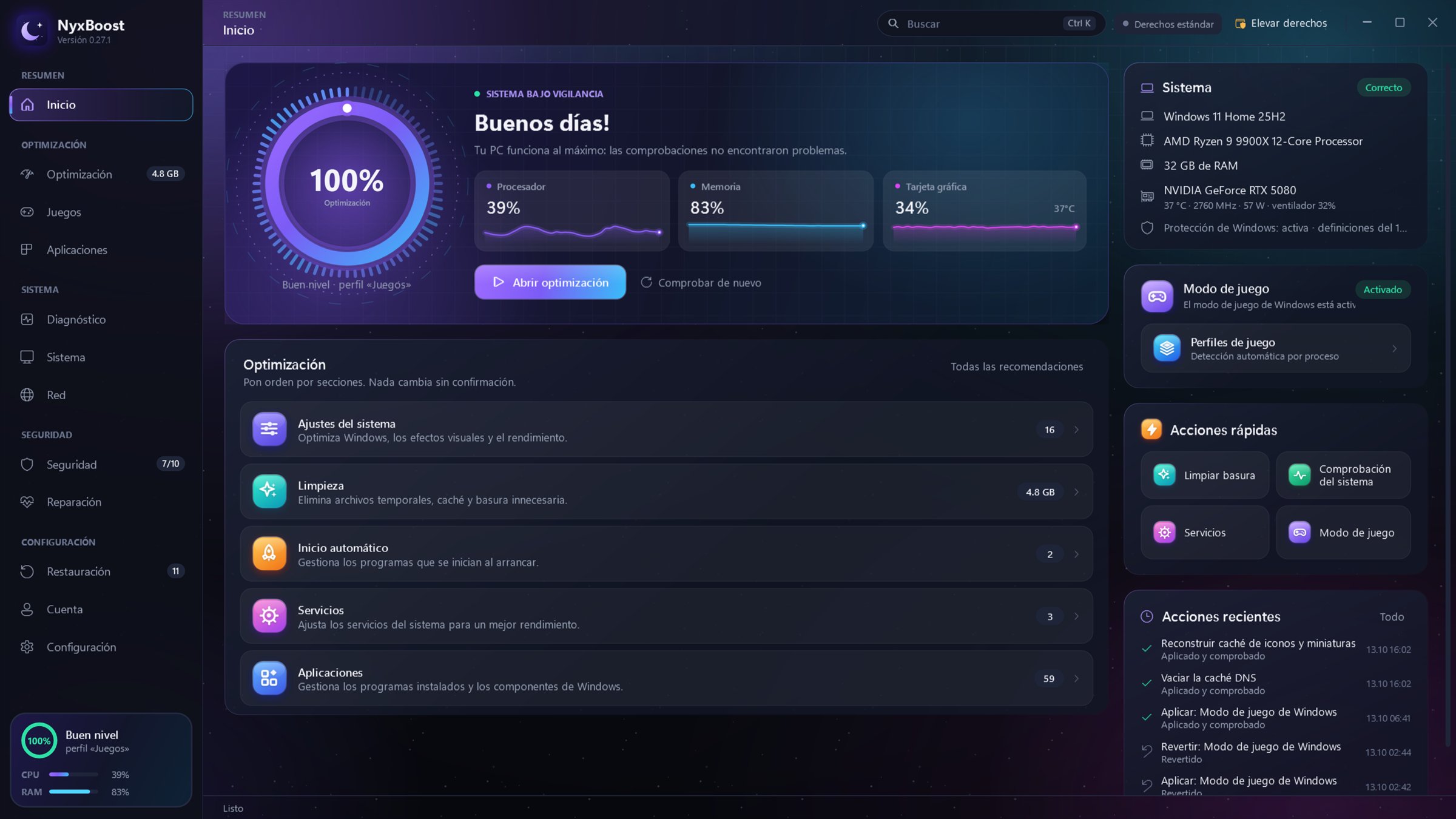 Inicio de NyxBoost: puntuación del sistema, carga de CPU, memoria y GPU, recomendaciones