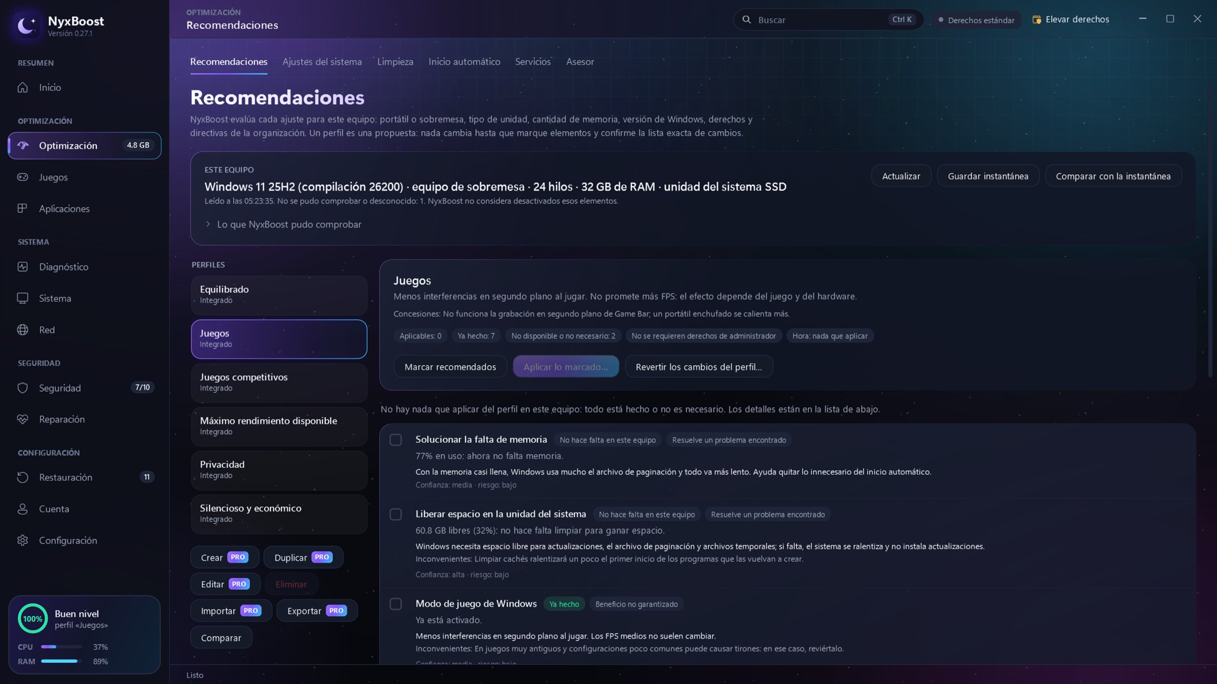 Recomendaciones y perfiles de optimización