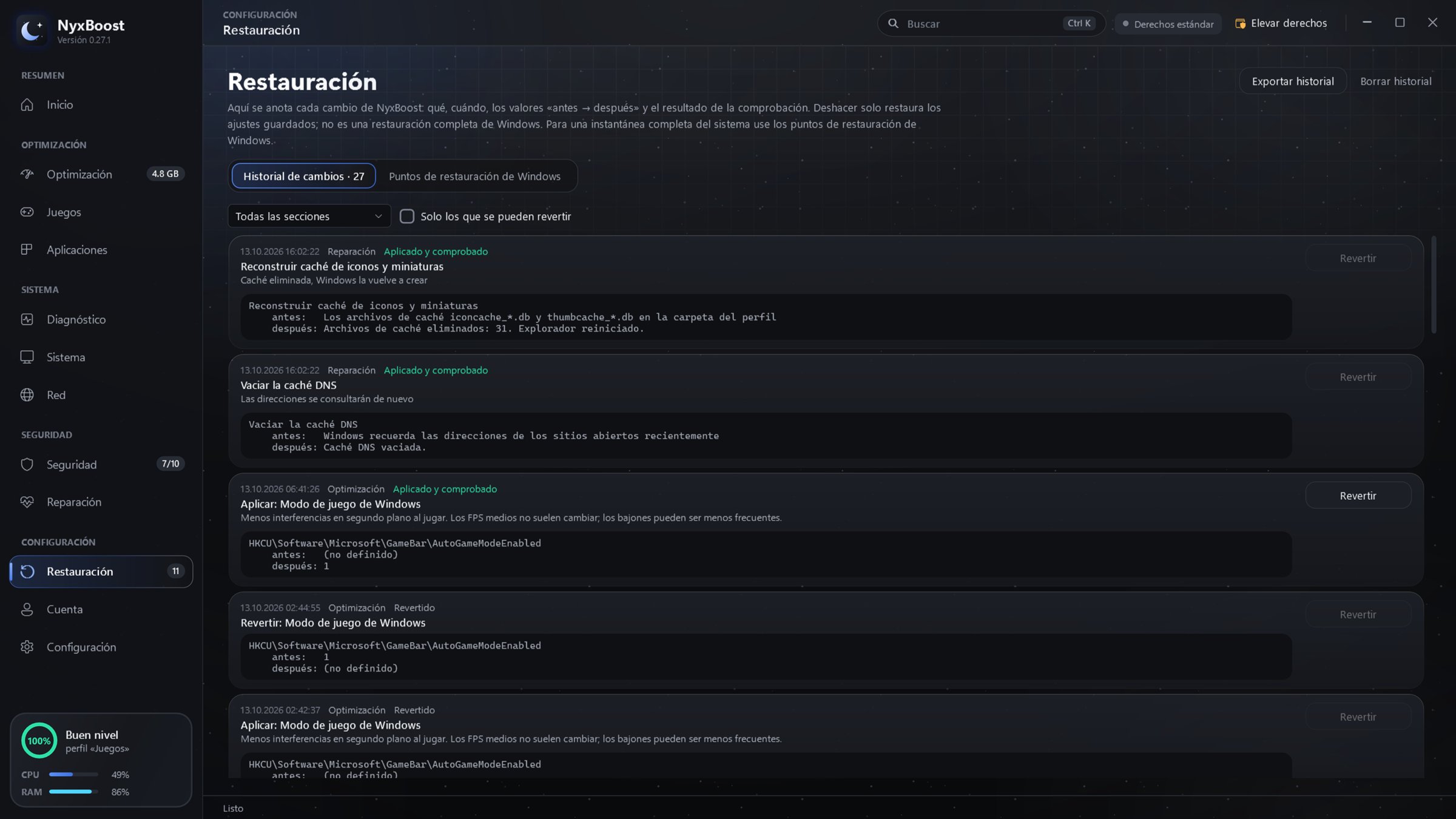Historial de cambios con deshacer